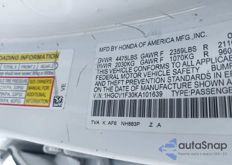 2019 Honda Accord Sport из США, поврежденный, VIN 1HGCV1F30KA101639